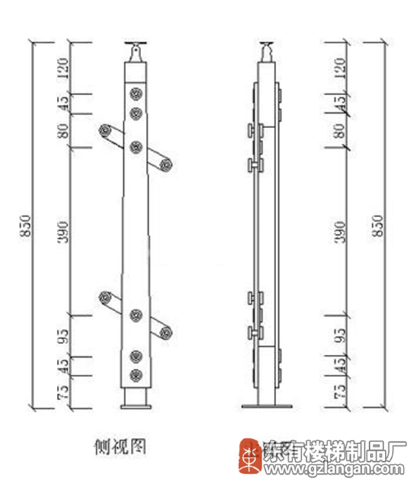 雙扁不銹鋼玻璃陽臺護欄立柱(DY-8160)CAD圖