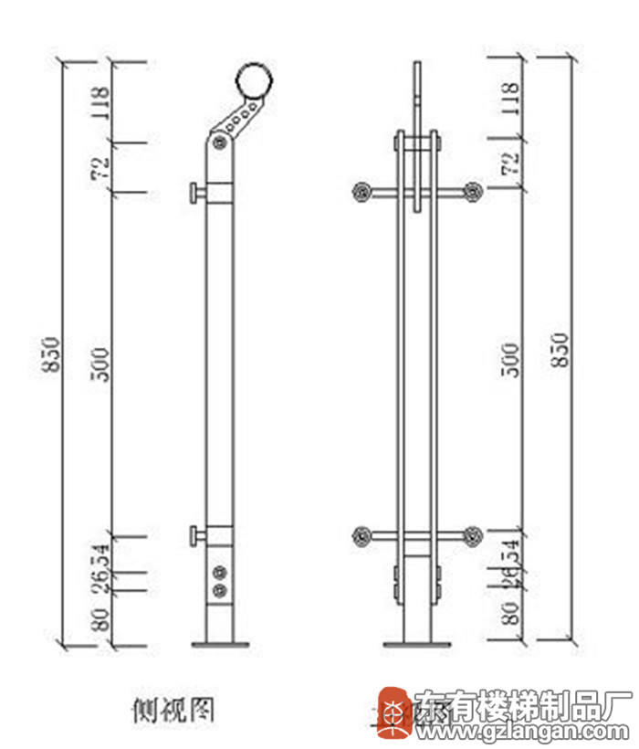 玻璃穿管不銹鋼護(hù)欄立柱(DY-8114)CAD圖